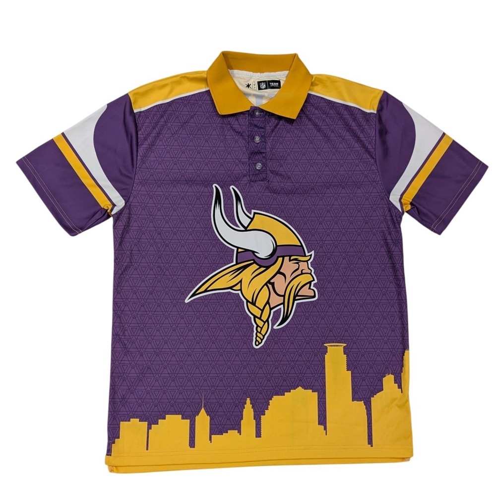 Minnesota Vikings NFL Team Apparel Polo Shirt Men's Large Purple Gold‎ Skyline